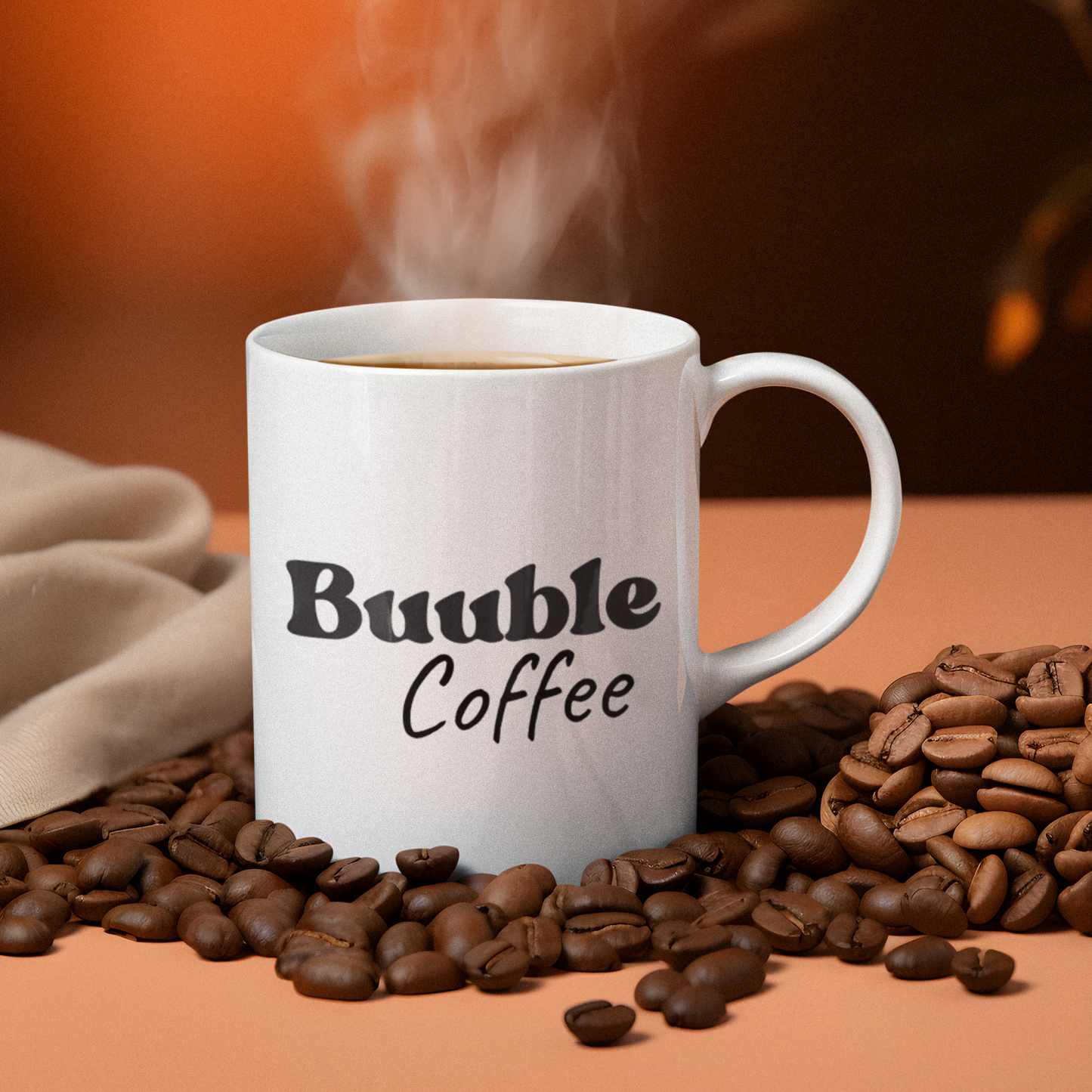 White mug with 'Bubble Coffee' text on a background of coffee beans and steam.