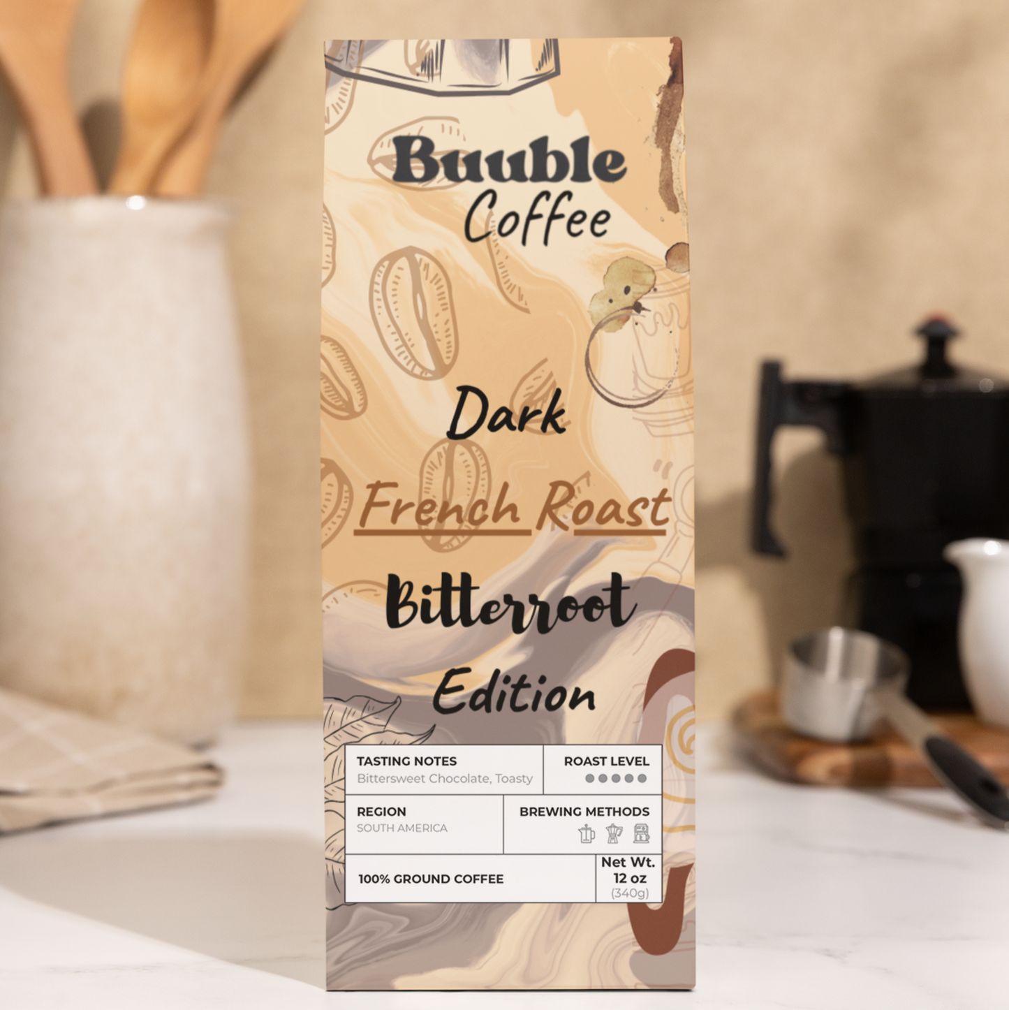 Coffee package labeled 'Dark French Roast' on a kitchen counter.