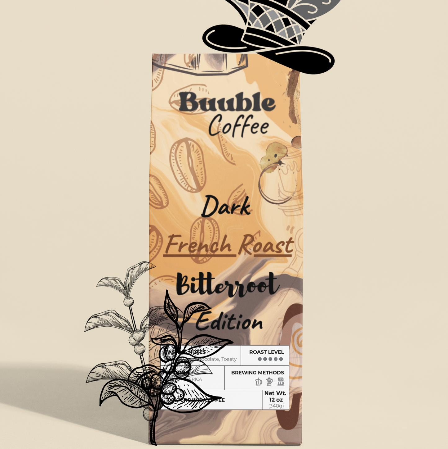 Coffee package with decorative hat and coffee beans on a light background.