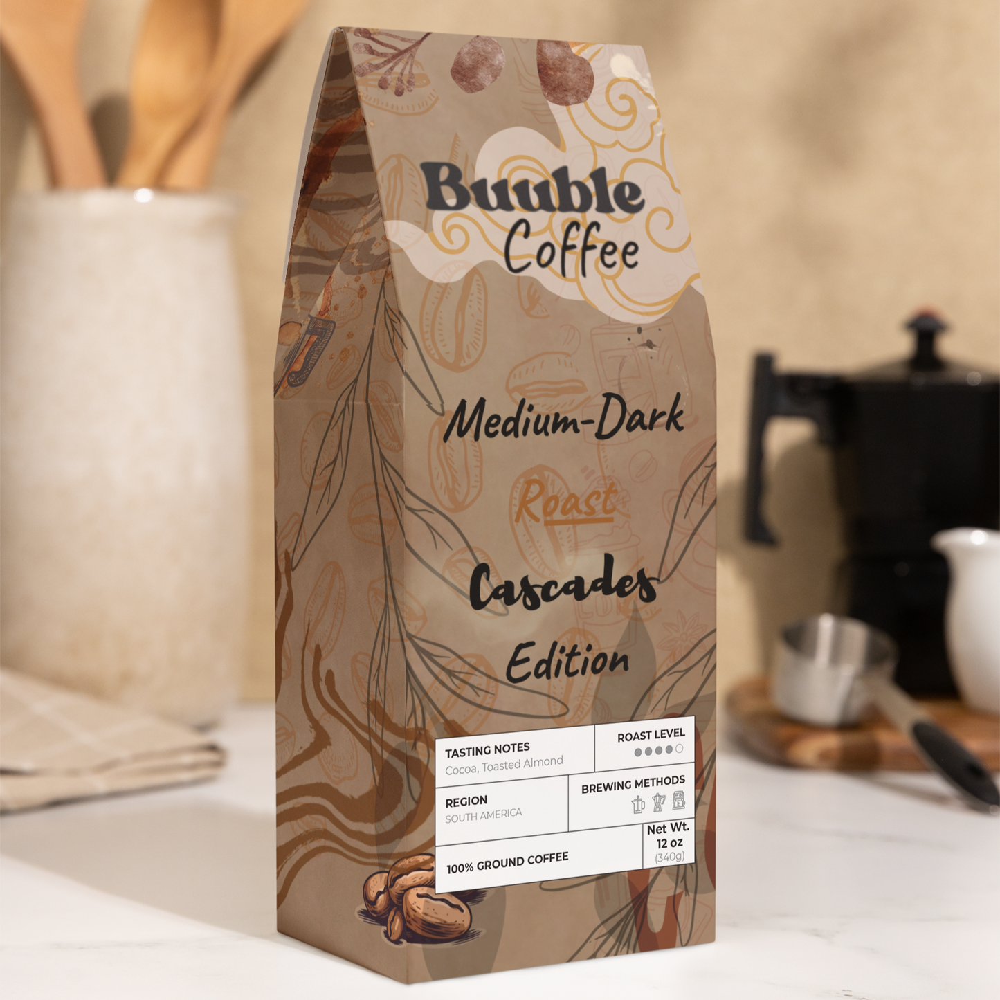 Coffee packaging with scenic design on a kitchen counter.