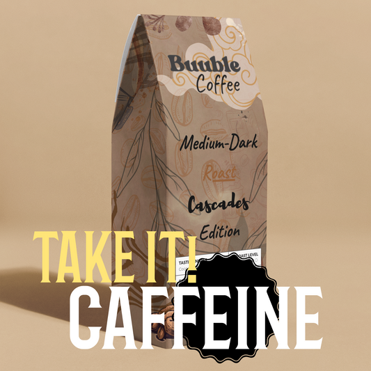 Coffee bag with text 'Take it! Caffeine' on a beige background.