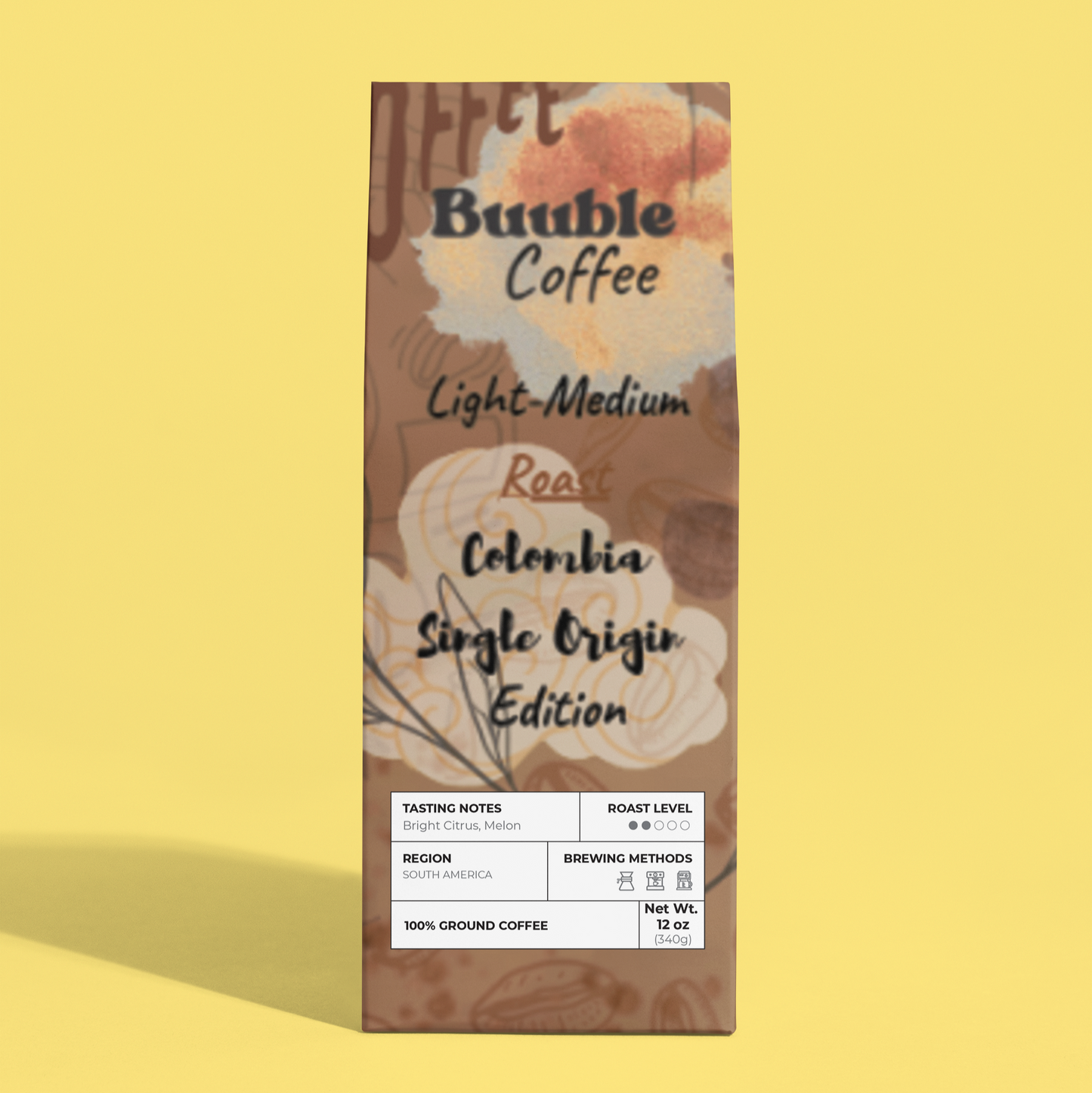 Coffee package with floral design on a yellow backgroun.