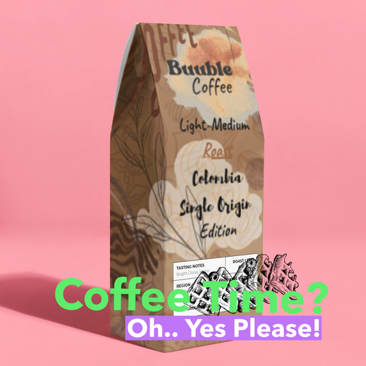 Coffee package on a pink background with colorful text overlay.