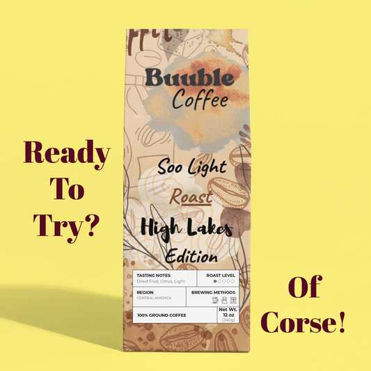 Coffee package with text on a yellow background.