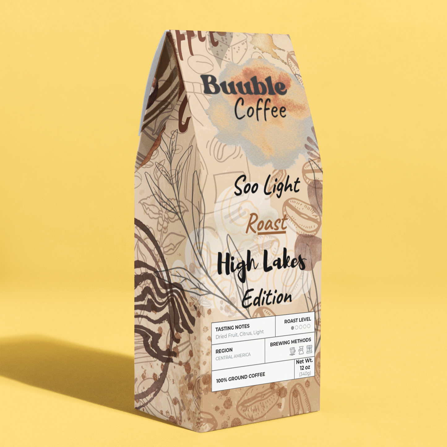 Coffee packaging with floral design on a yellow background.