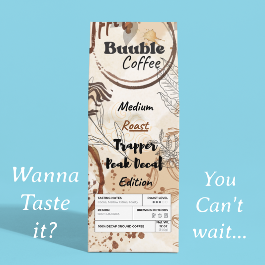 Buuble Coffee package on a blue background with text 'Wanna Taste it?' and 'You Can't wait...'.