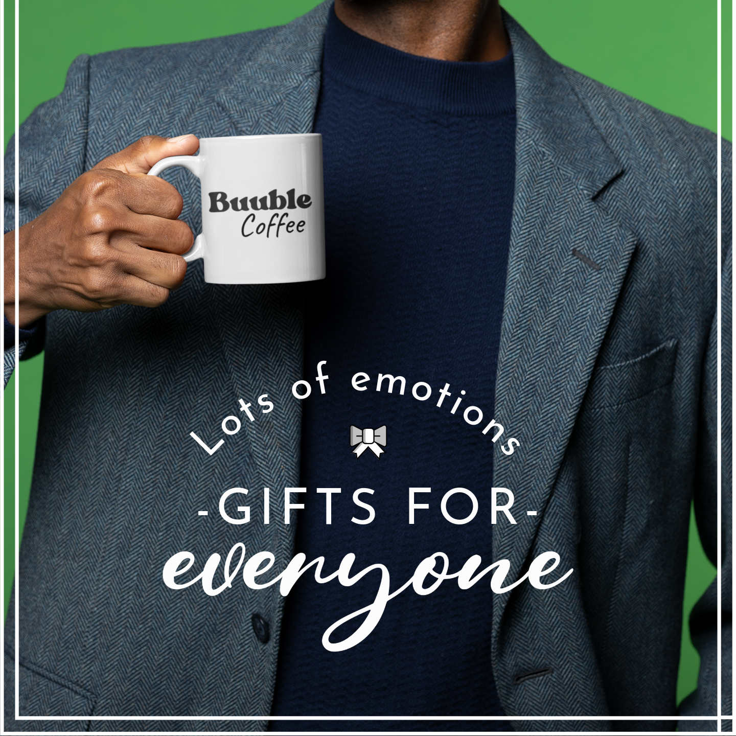 Man holding a mug with text about emotions and gifts.