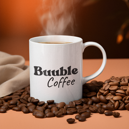 White mug with 'Bubble Coffee' text on a background of coffee beans and steam.