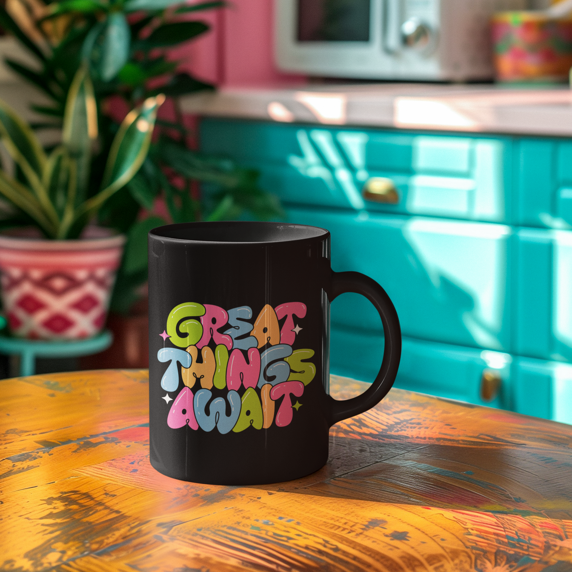 Black mug with 'Great Things Await' text on a colorful kitchen counter.