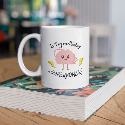 White mug with humorous design and text on a book