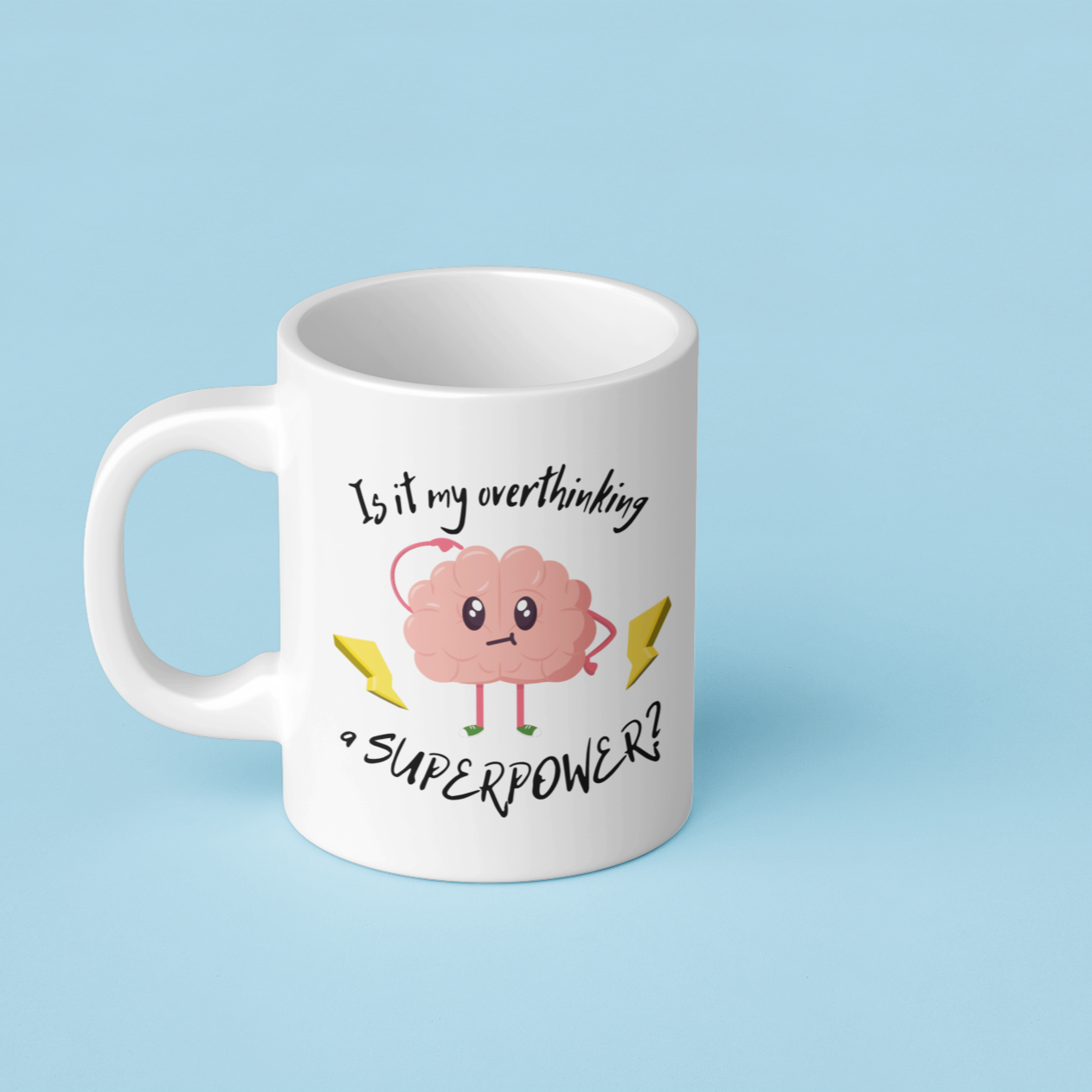 White mug with a cartoon brain and text on a light blue background