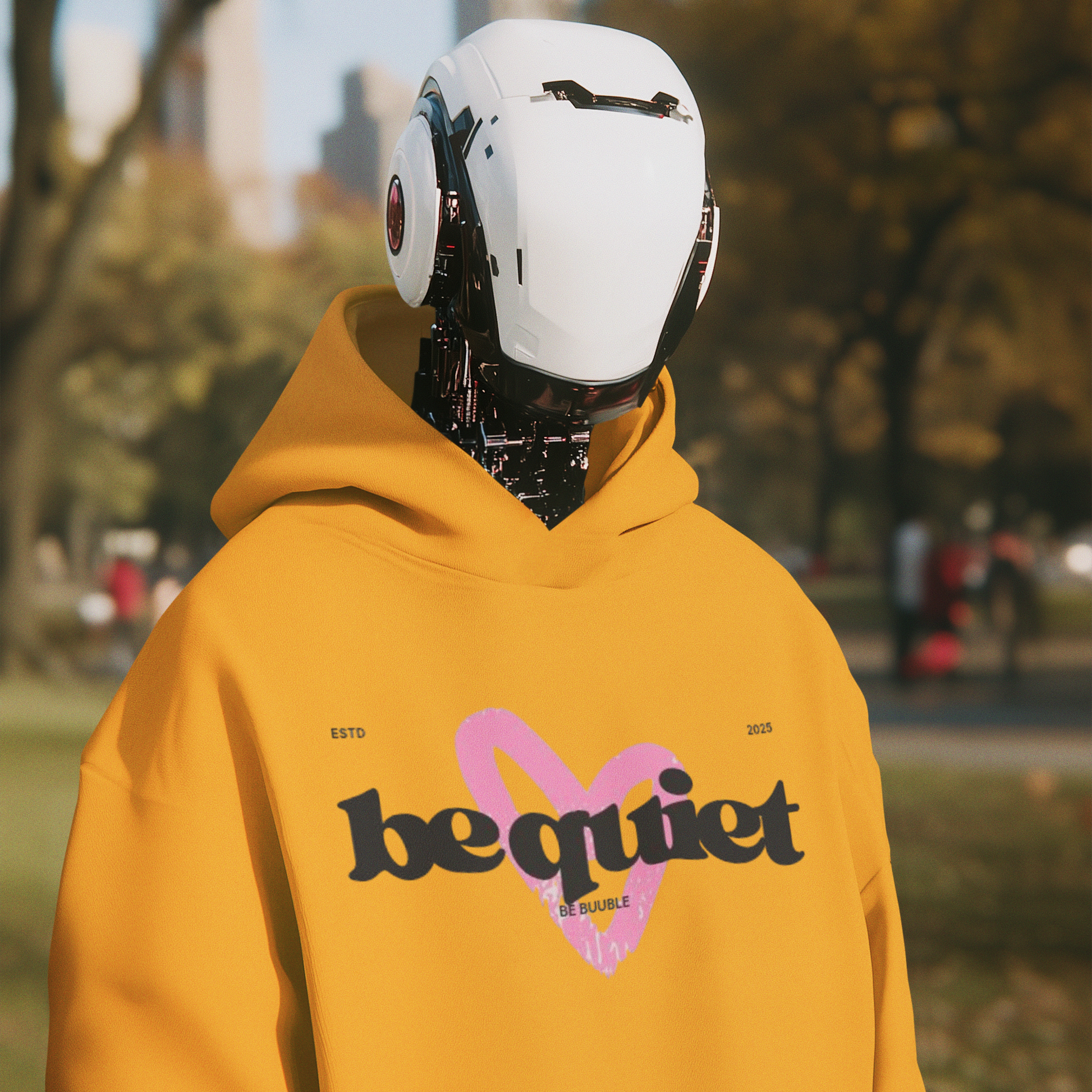 Person wearing a yellow hoodie with 'be quiet' text in an urban park setting