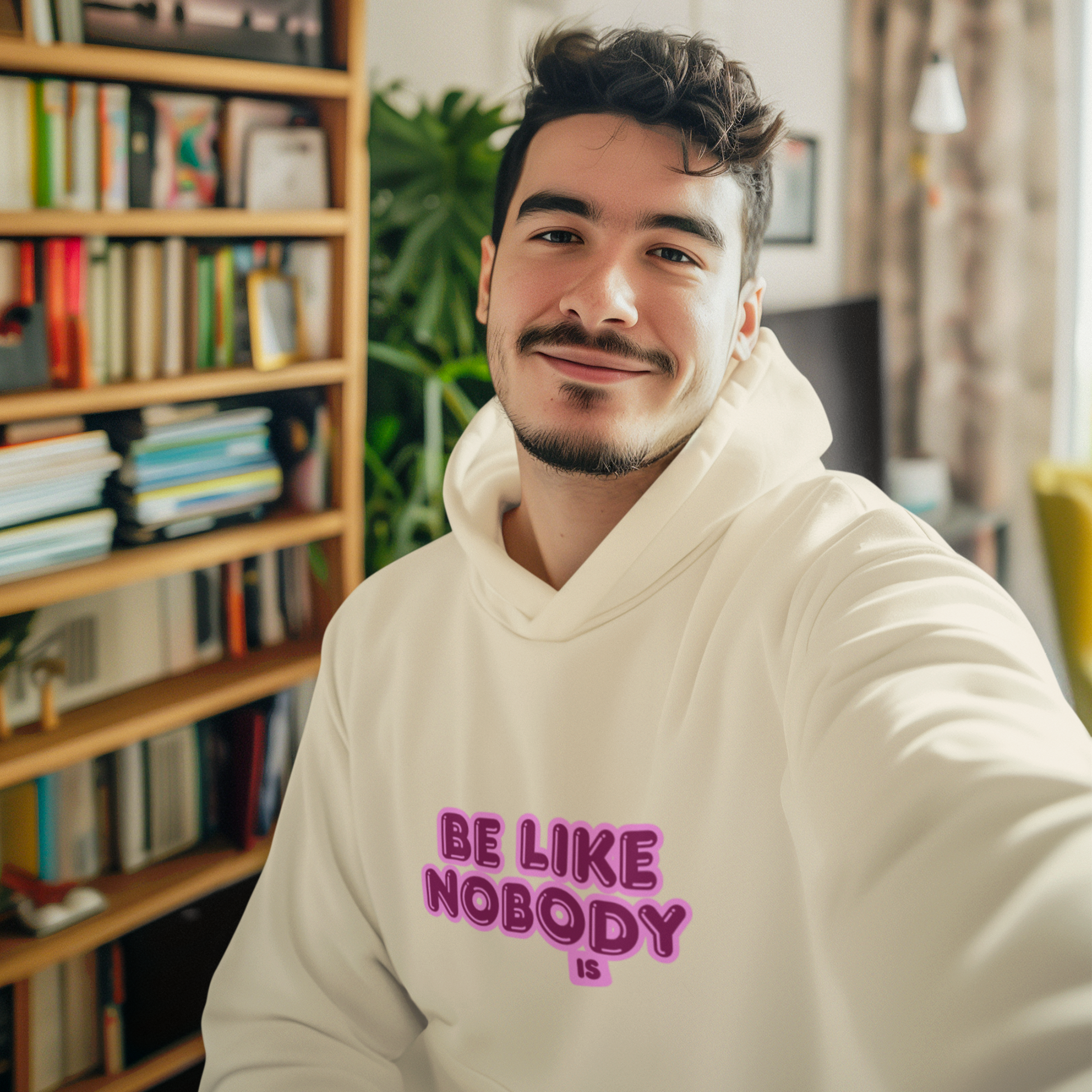 Man wearing a white hoodie with 'Be Like Nobody Else' text in a room with bookshelves and plants.