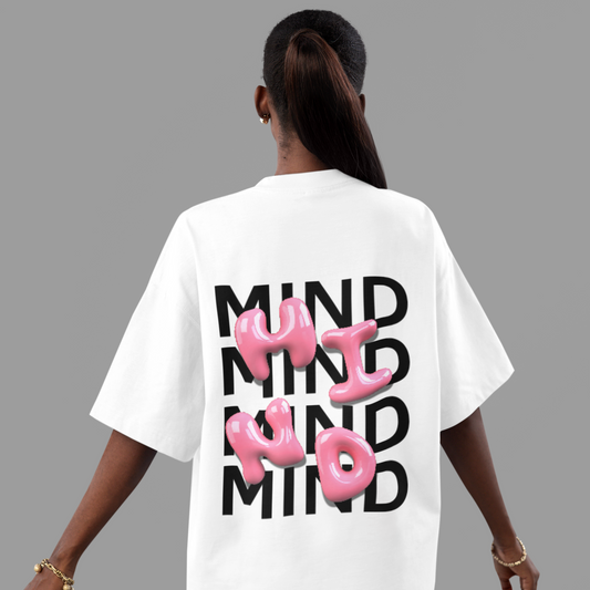 Person wearing a white t-shirt with 'MIND NO' text on the back, standing against a gray background.