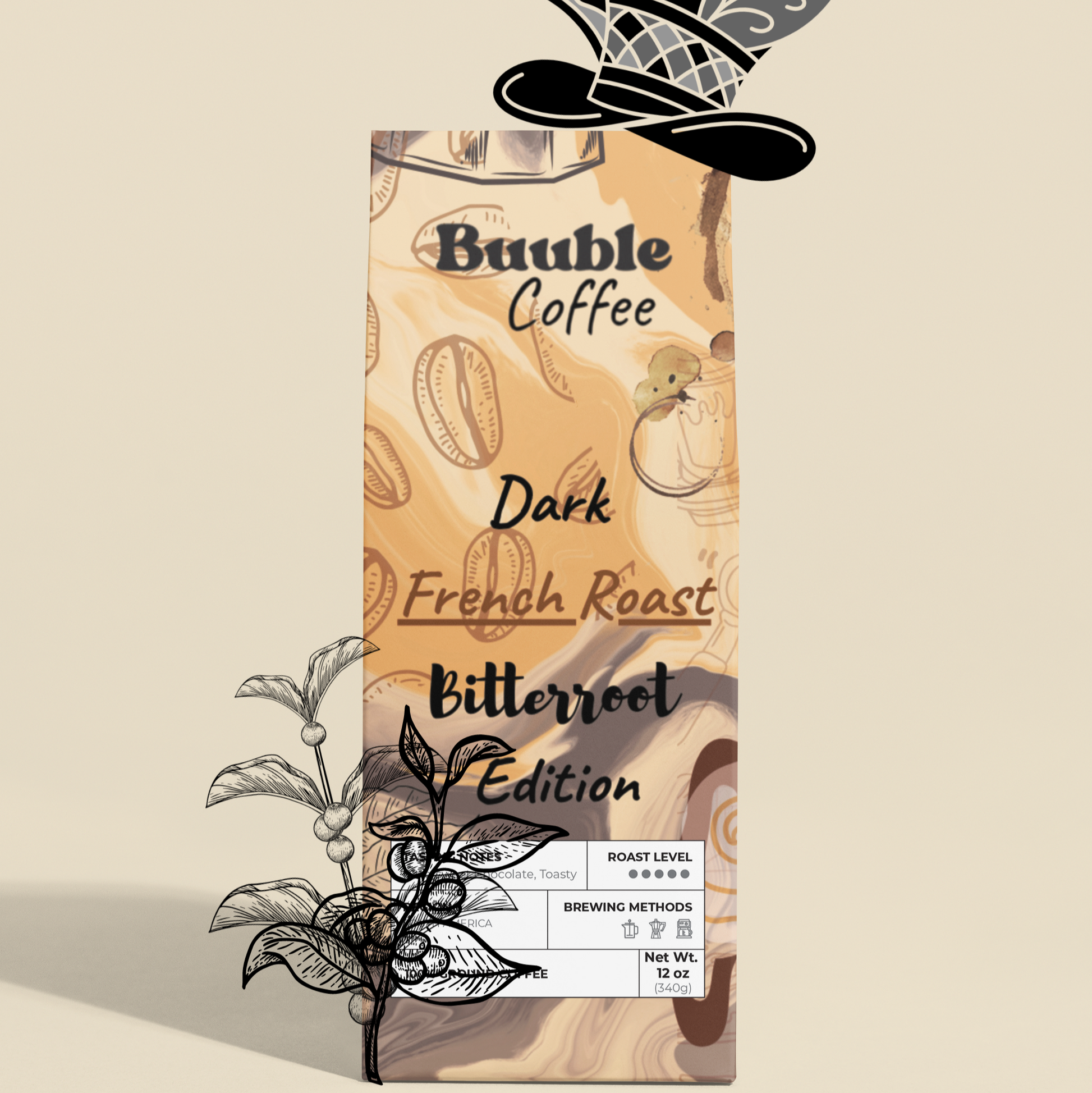 Coffee package with decorative hat and coffee beans on a light background.