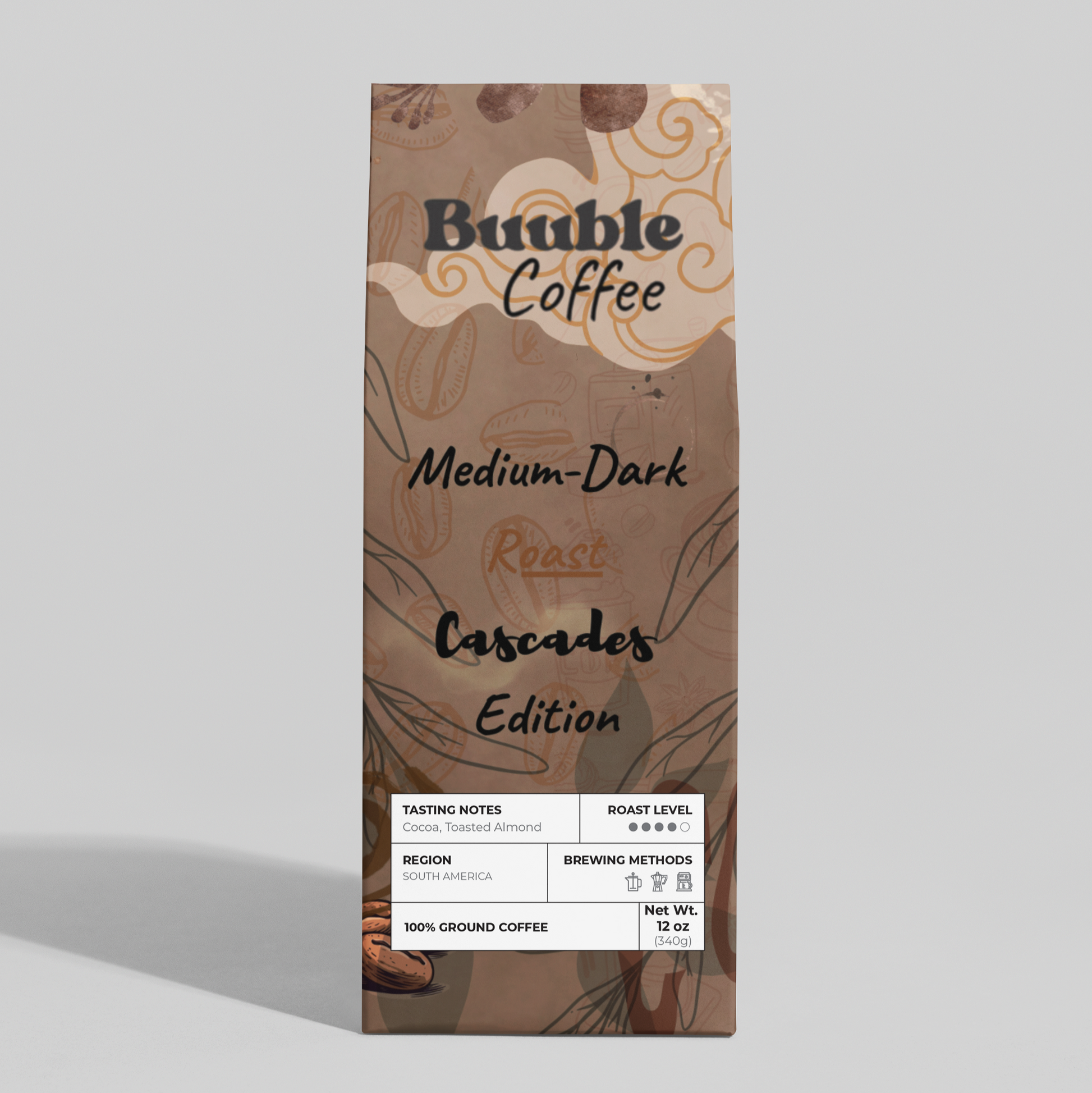 Coffee package with branding and text on a plain background.