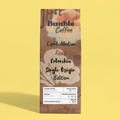 Coffee package with floral design on a yellow backgroun.