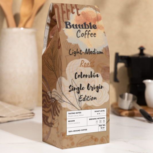A package of Buuble Coffee, Light-Medium Roast, Colombia Single Origin Edition, displayed on a kitchen counter.