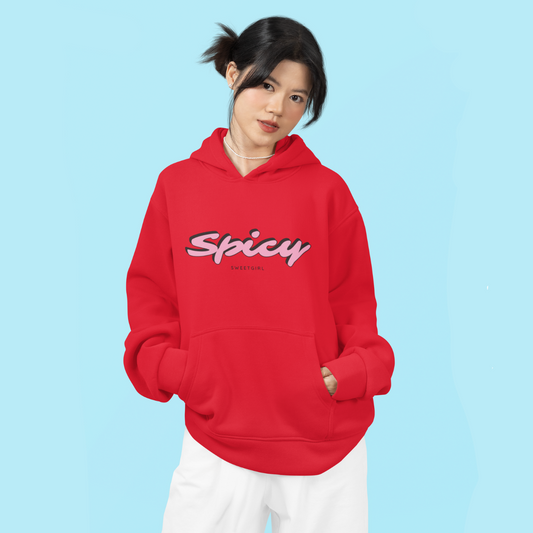 Person wearing a red hoodie with 'Spicy' text on a light blue background
