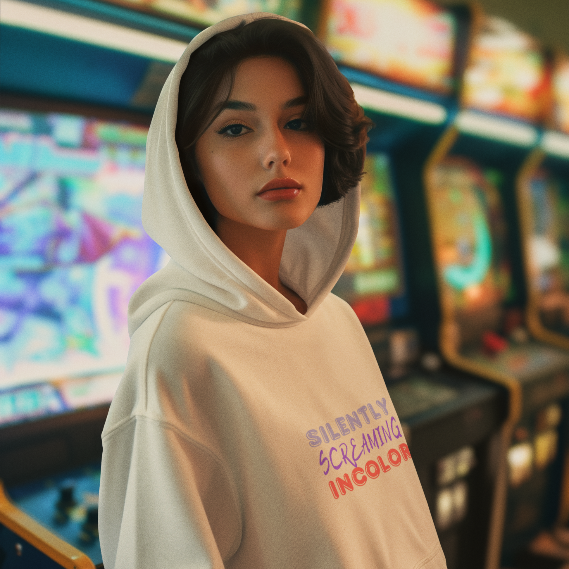 Person wearing a hoodie with text in an arcade setting