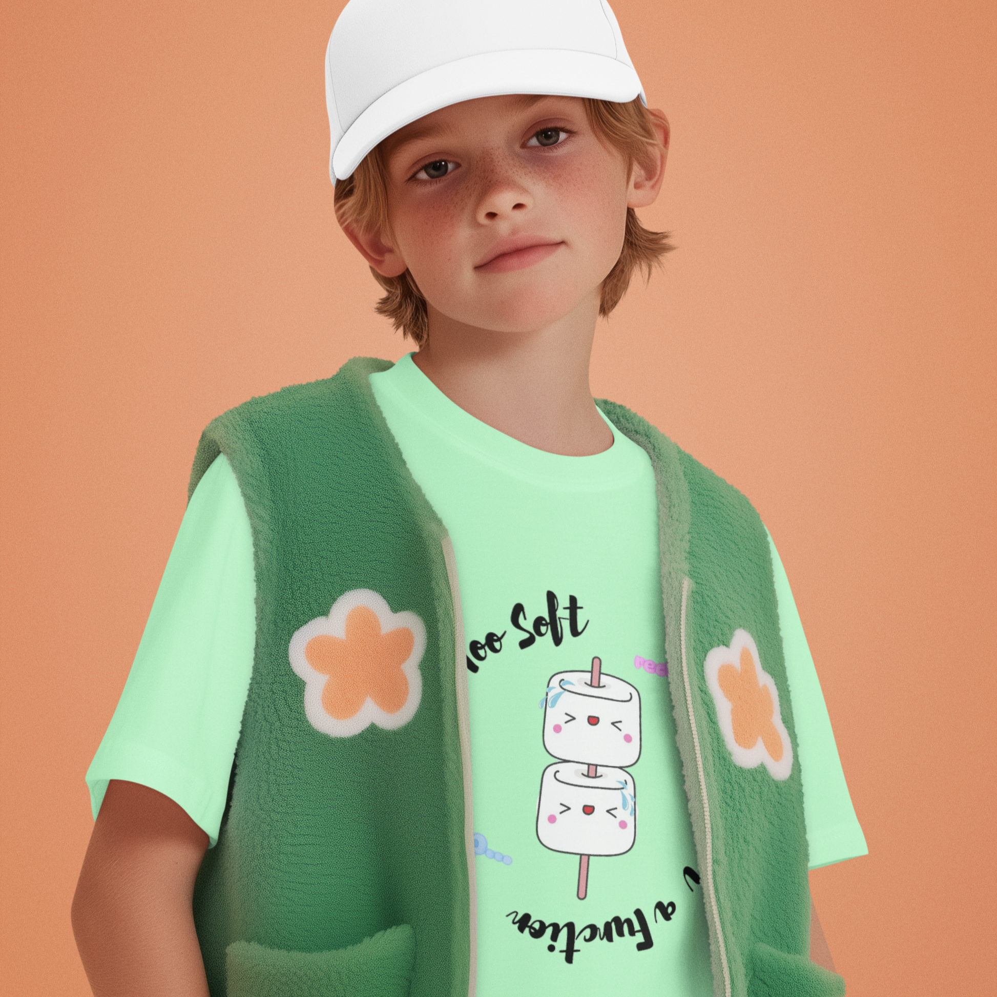 Child wearing a green vest and light green shirt with a white cap on an orange background