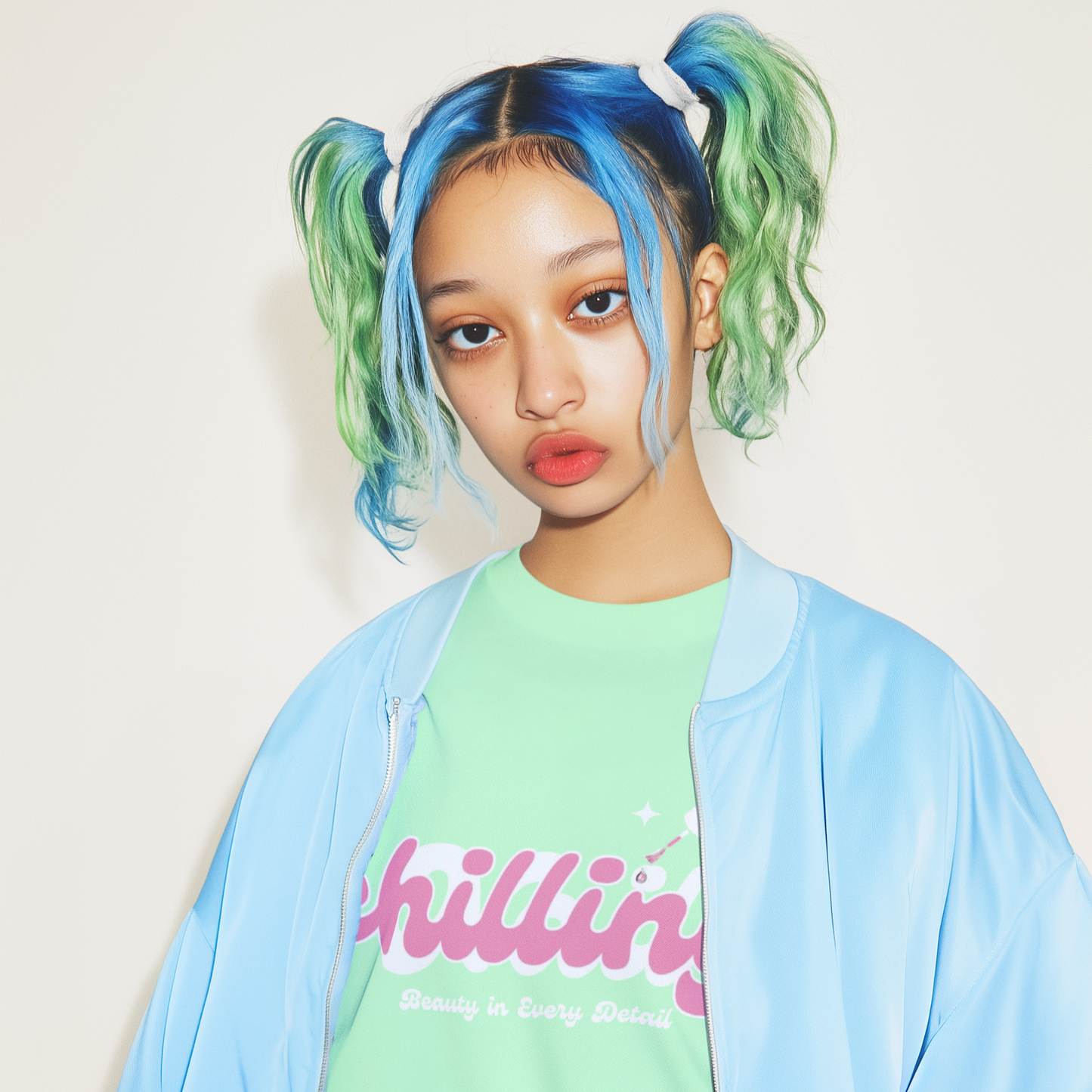 Person wearing a light blue shirt over a green 'Chilling' t-shirt with colorful hair.