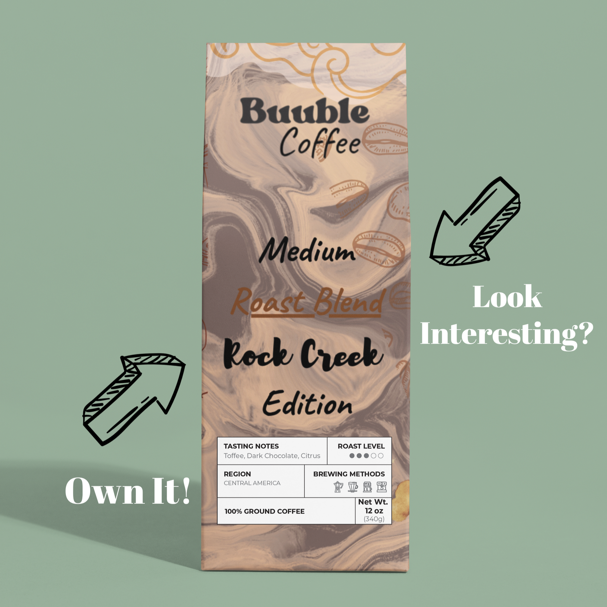 Coffee package with marbled design on green background.