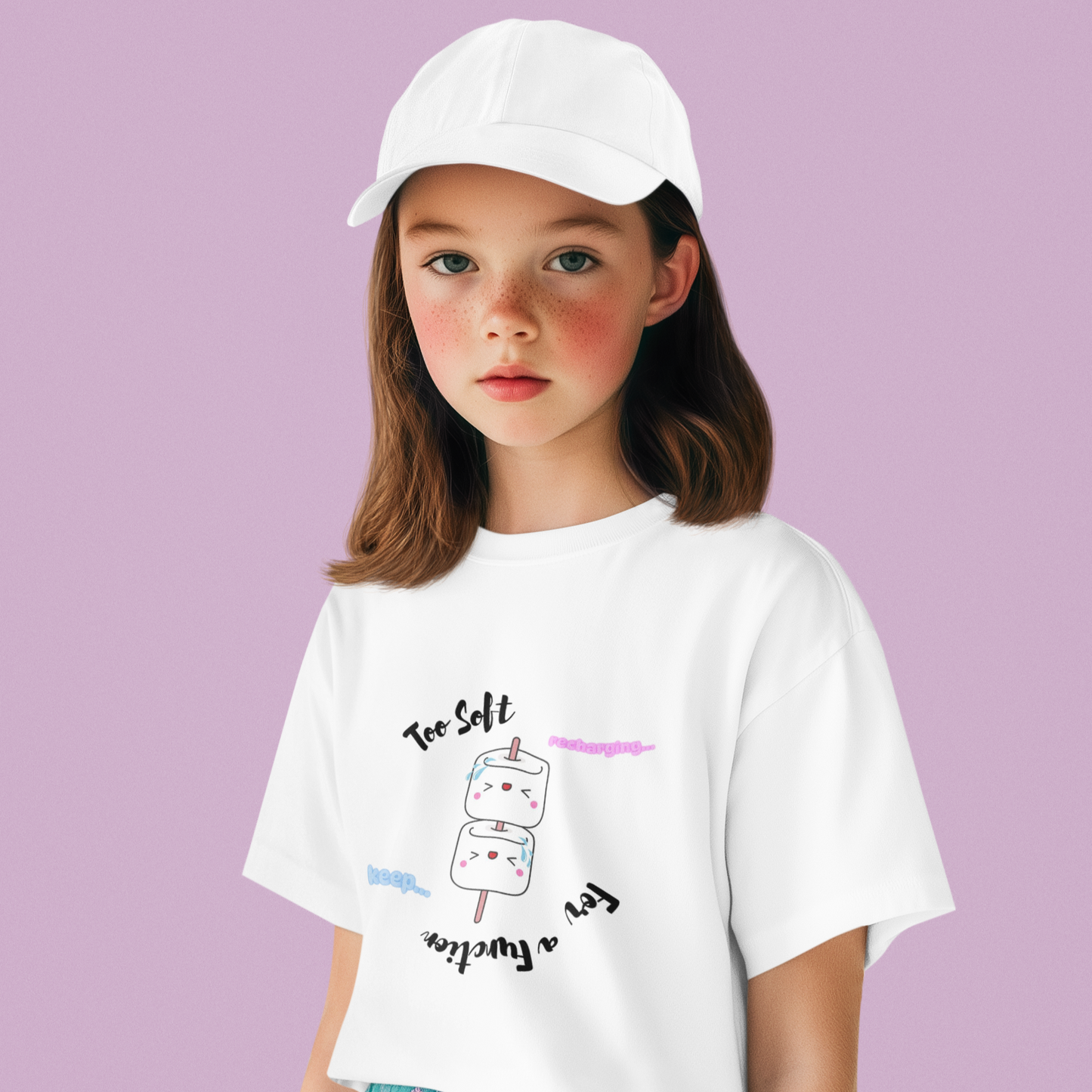 Young girl wearing a white t-shirt with a graphic design on a pink background