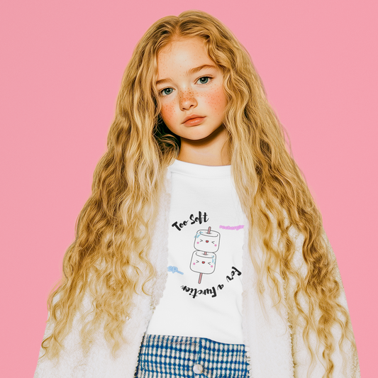Young girl with long blonde hair wearing a white shirt with text and blue checkered pants on a pink background.