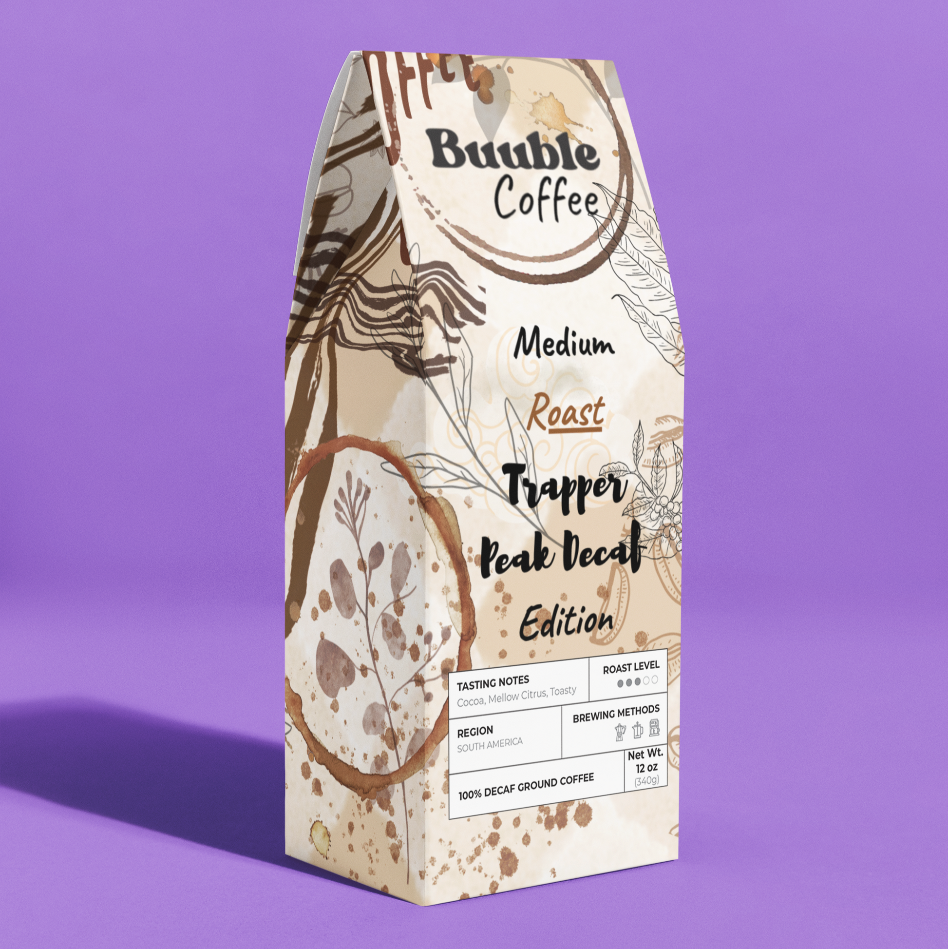 Buuble Coffee package with decorative design on a purple background