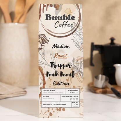 Buuble Coffee package on a kitchen counter with coffee-making equipment in the background