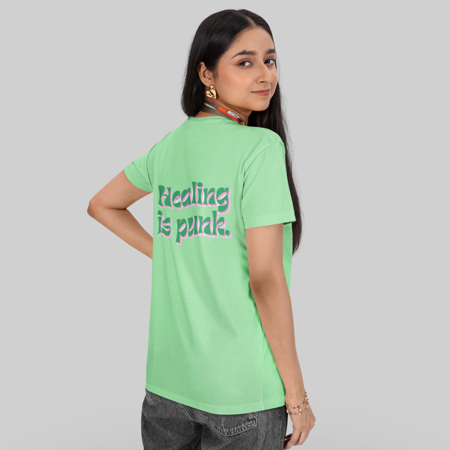 Healing is punk - T-Shirt with Green & Pink Letters | Buuble