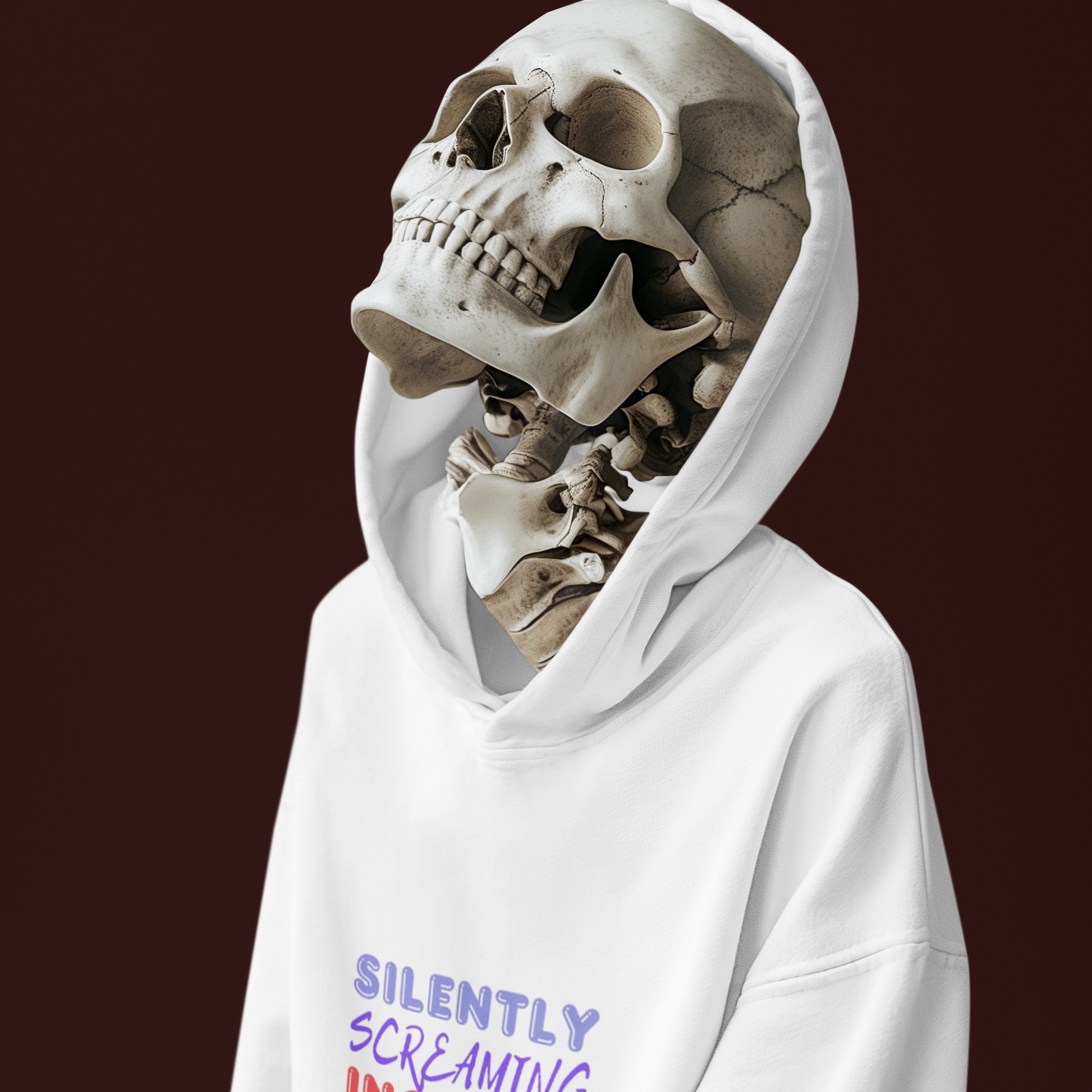 Person wearing a white hoodie with a skeleton head design on a dark background
